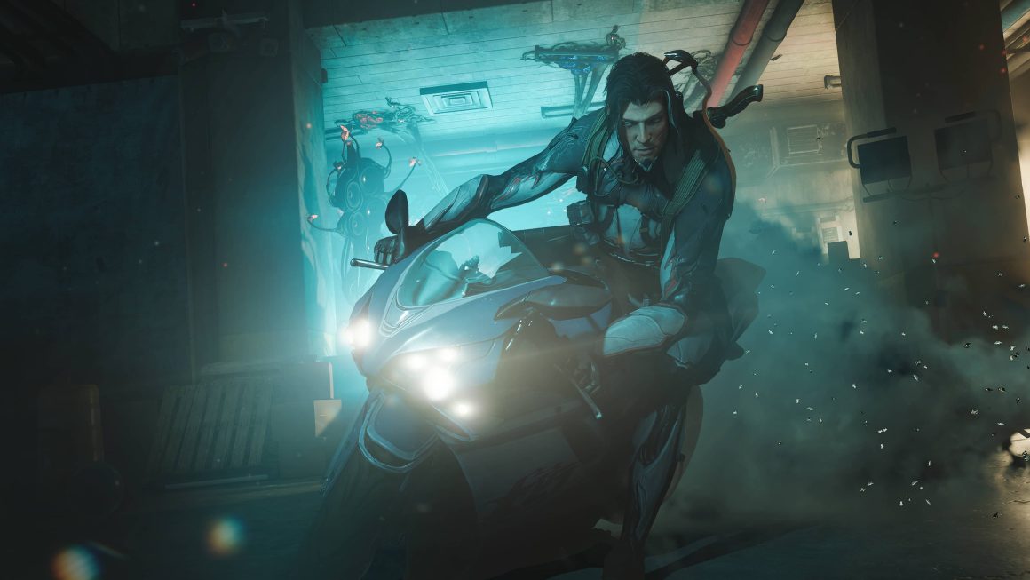 Arthur Nightingale riding his motorcycle in Warframe 1999.