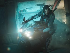 Arthur Nightingale riding his motorcycle in Warframe 1999.